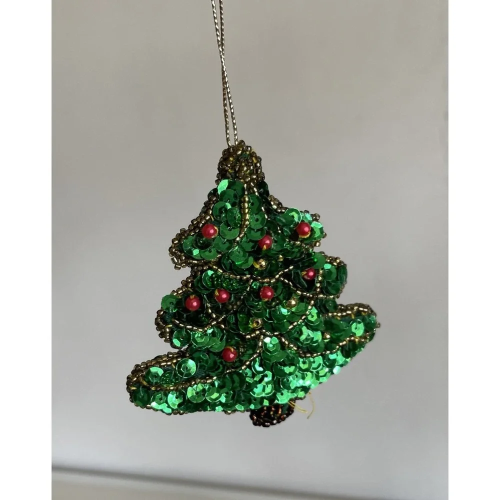 Five Vintage Sequin And Beaded Christmas Ornaments Stars Joy Tree Stocking‎